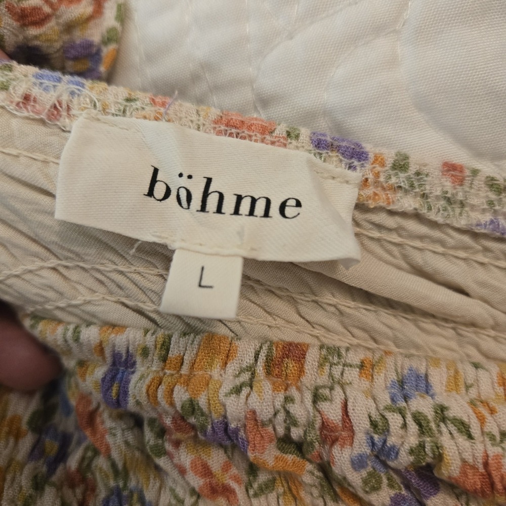 Bohme Smocked Crop Top Long Puff Sleeve Floral Pink Lavender Ivory Ruffle Large - Picture 11 of 14